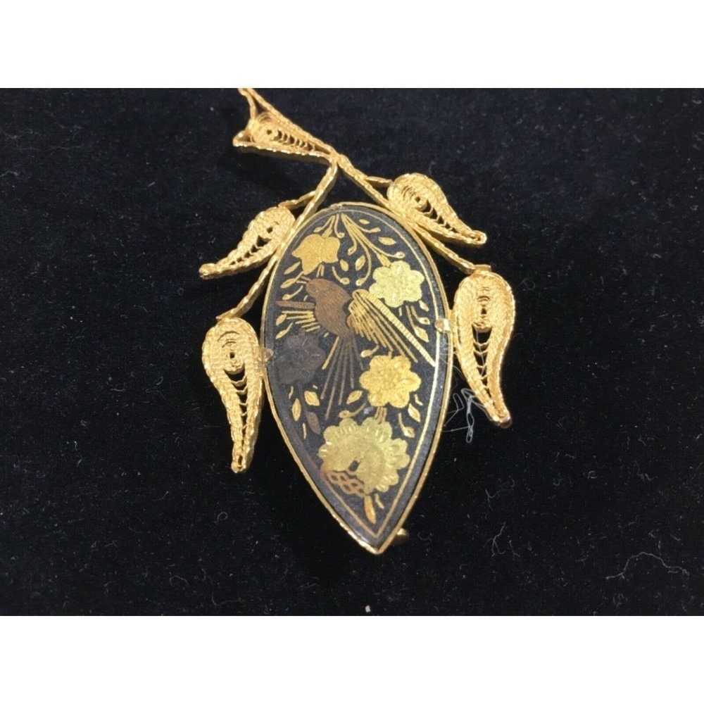 Damascene 1950's Gold Bird Flower Motif Brooch Pin Jewelry Mid Century